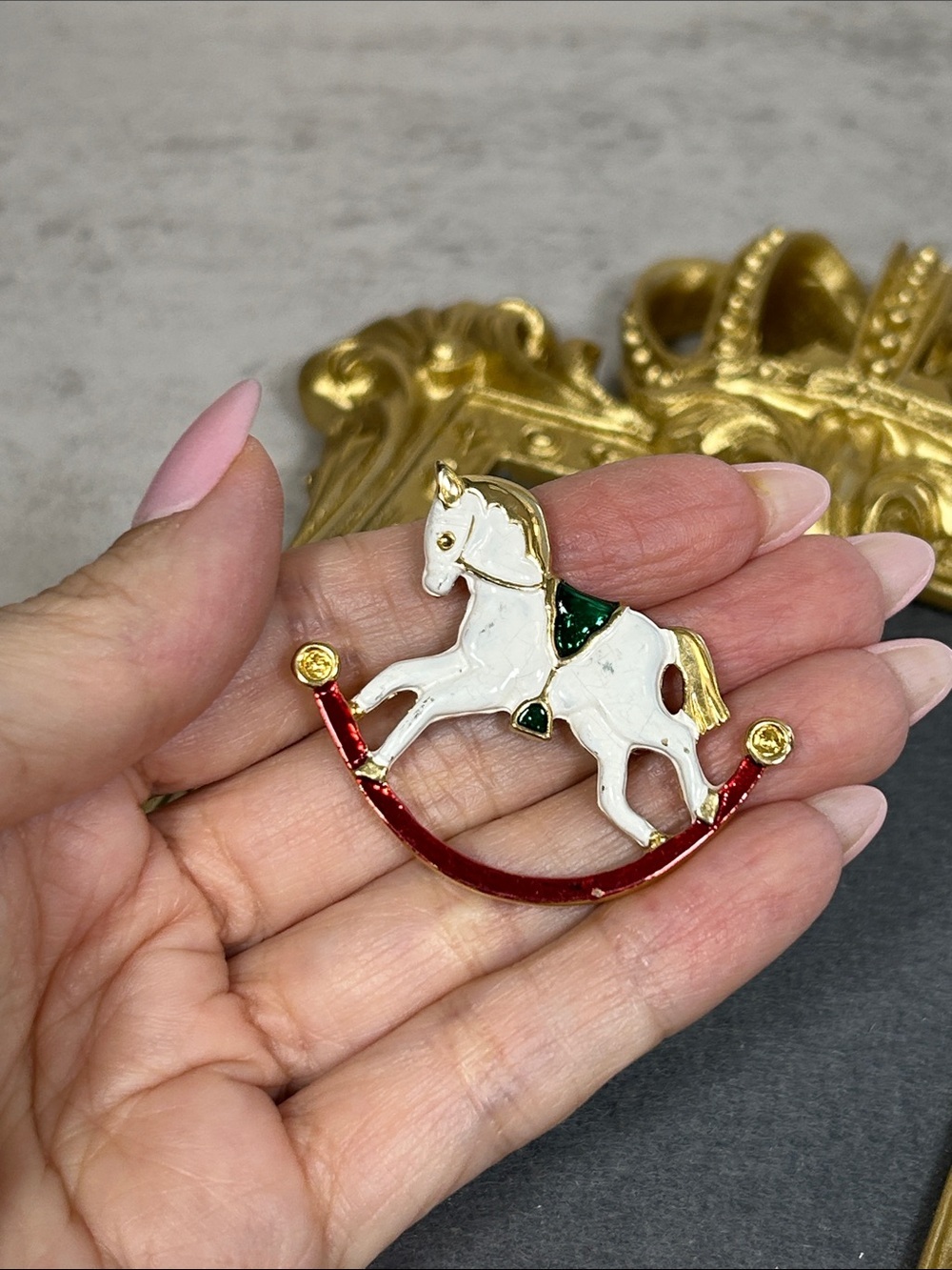 Vintage Enamel Rocking Horse Pin — White, Red, Green, Gold Accent